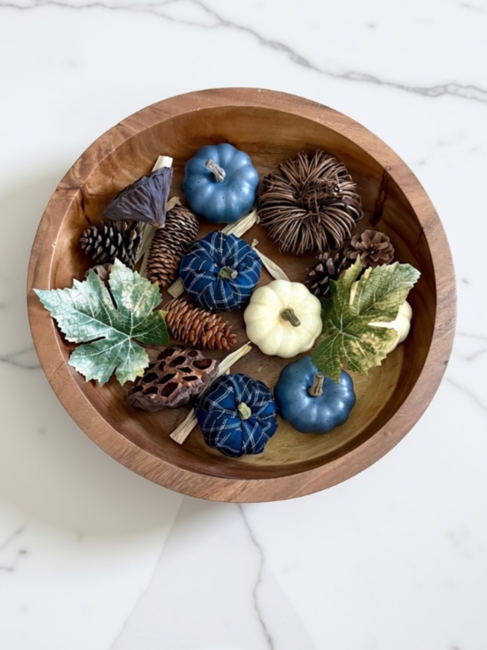 Fall Blue & White Pumpkin and Pine Cone Bowl Filler